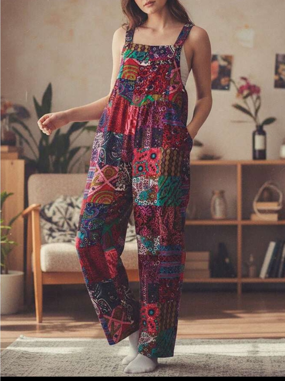 Boho Patchwork Wide-Leg Jumpsuit - Red Multi